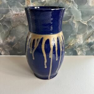 Studio Art Pottery Stoneware Vase 10" Cobalt Blue With Beige Drip Glazed
